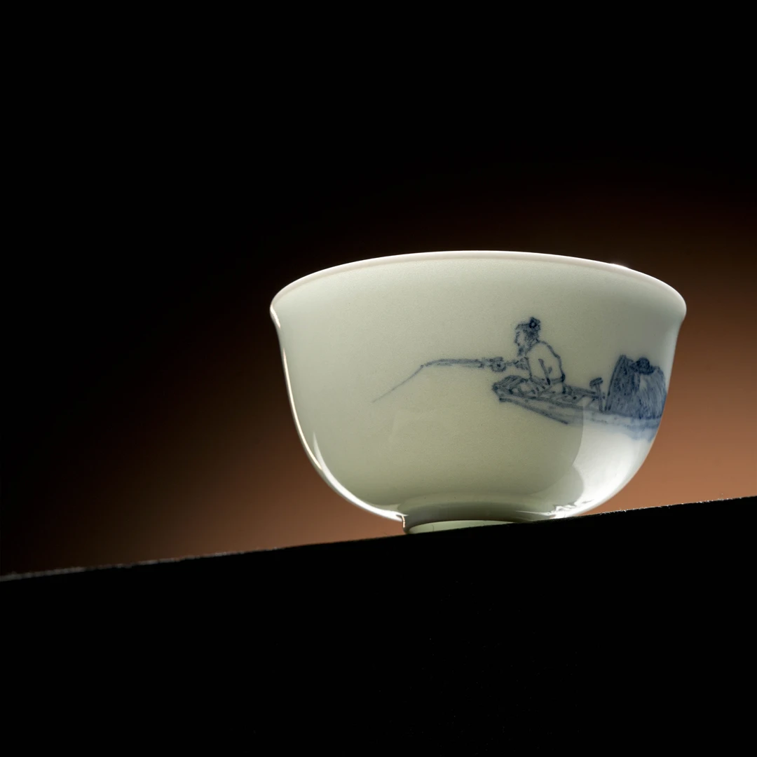 景德镇手工手绘周伟明青花陶瓷渔夫孤舟小品杯家用茶杯主人杯茶具