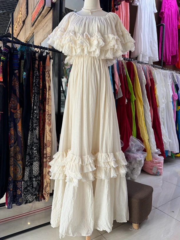 泰国波西米亚风子字肩抹胸荷叶边白色连衣裙仙女长裙优雅气质