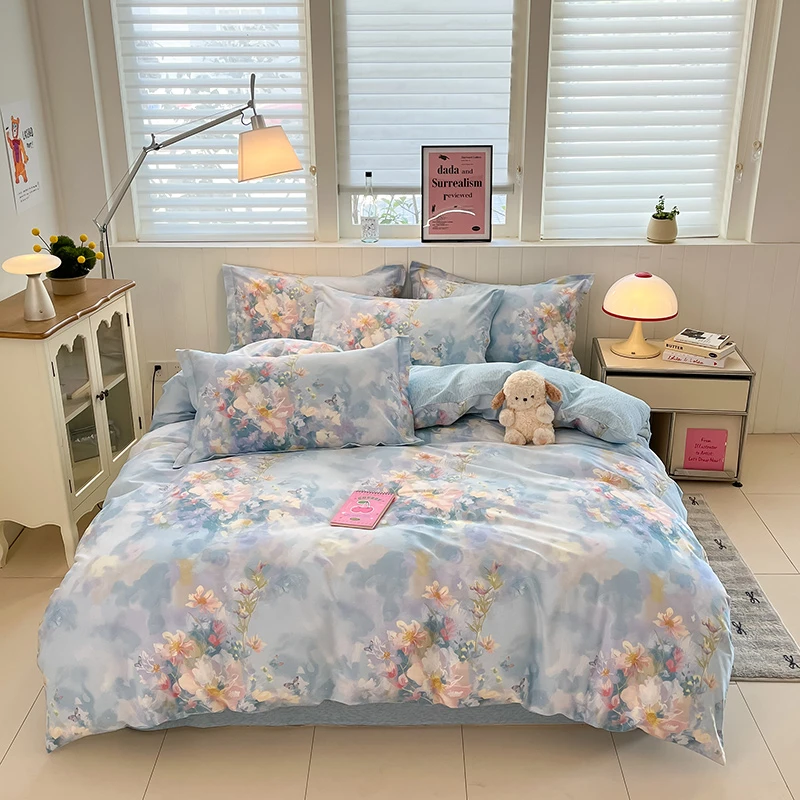 100％全棉纯棉四件套家纺床上四件套斜纹被套床单小清新被罩柔软