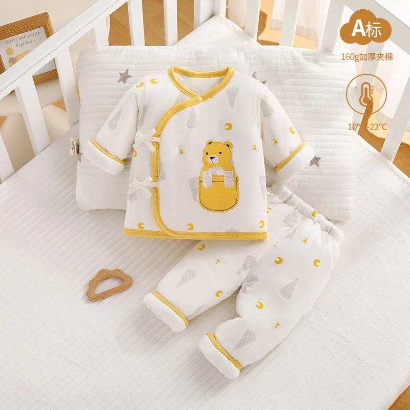 新生儿夹棉套装秋冬季纯棉加厚宝宝两件套春秋刚出生婴儿保暖外套