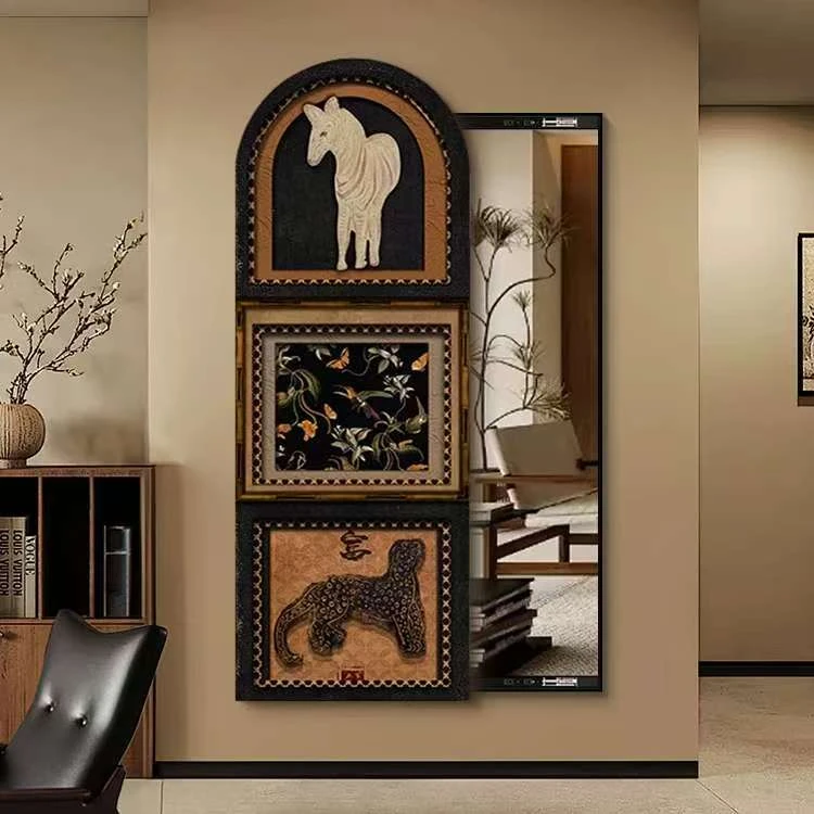 中古风推拉穿衣镜法式卧室暗藏式全身镜隐形玄关背景墙镜子简约