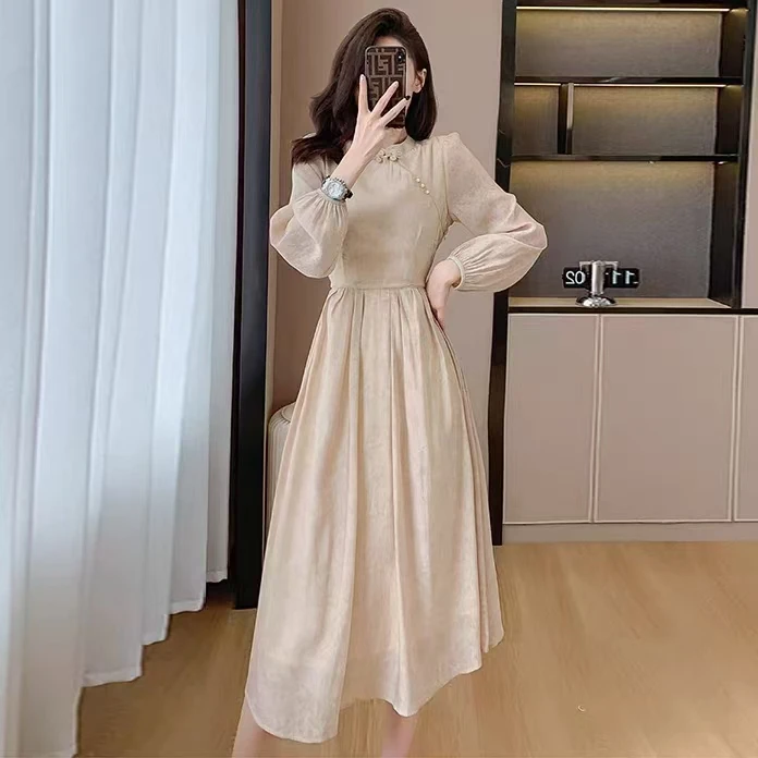 【F1723】新中式轻国风裙子复古7分袖盘扣旗袍改良裙+年轻款女装