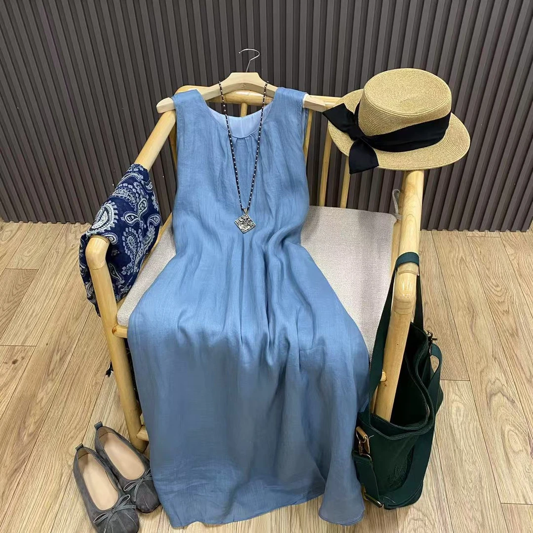 苎麻圆领无袖连衣裙纯色百搭宽松双层文艺复古背心裙女Q8666