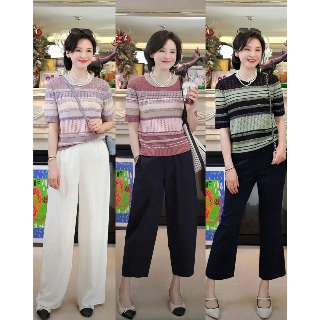 我是摩羯 草莓慕斯 撞色镂空条纹夏圆领短袖针织衫上衣