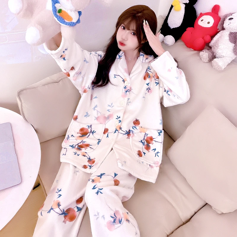 047红黄玫瑰秋冬睡衣女士可外穿加厚家居服套装冬季新款保暖长袖