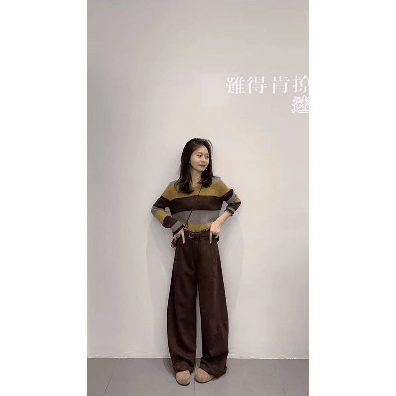 小众复古条纹拼色长袖针织衫女2025早秋宽松慵懒毛衣垂感高腰裤子