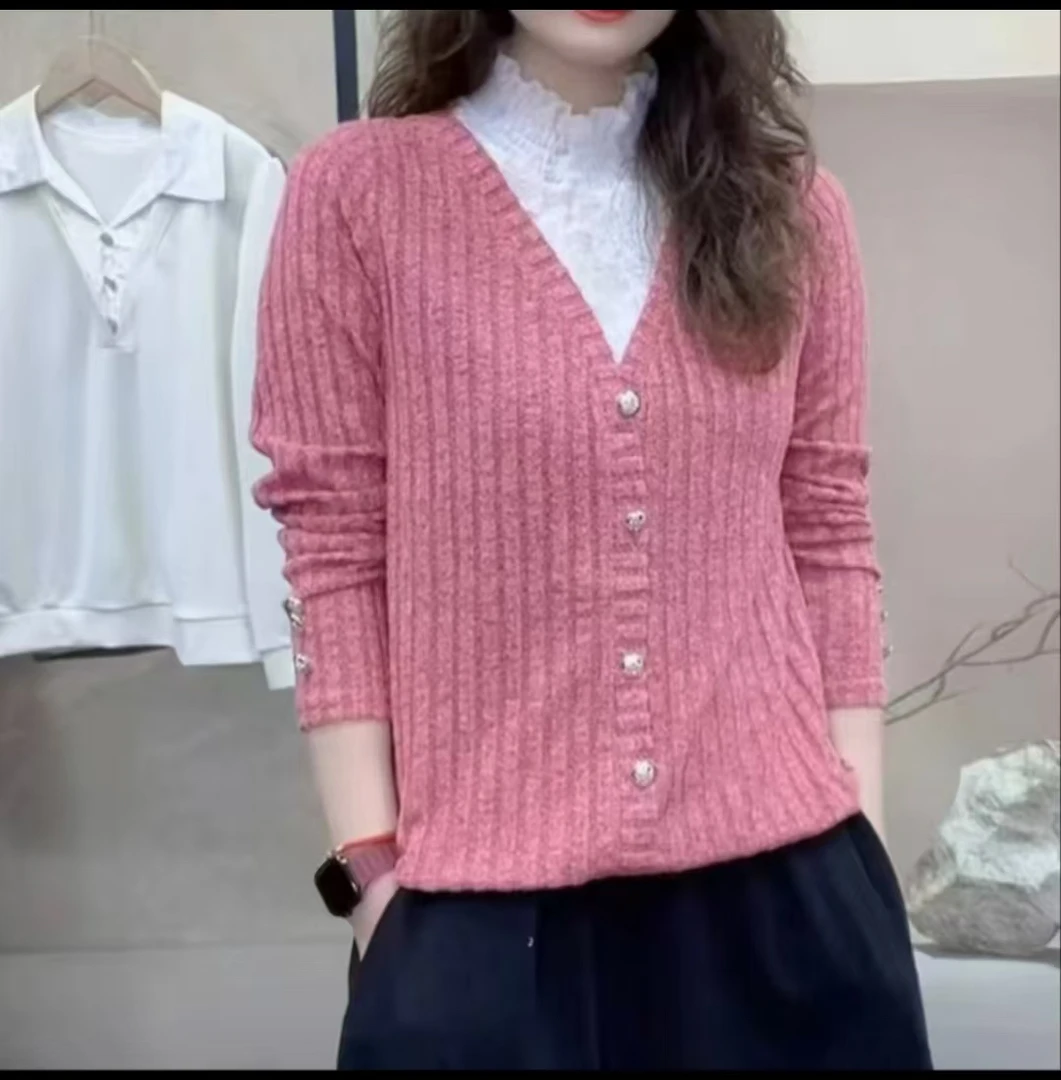 时尚欧货蕾丝拼接假两件洋气打底衫