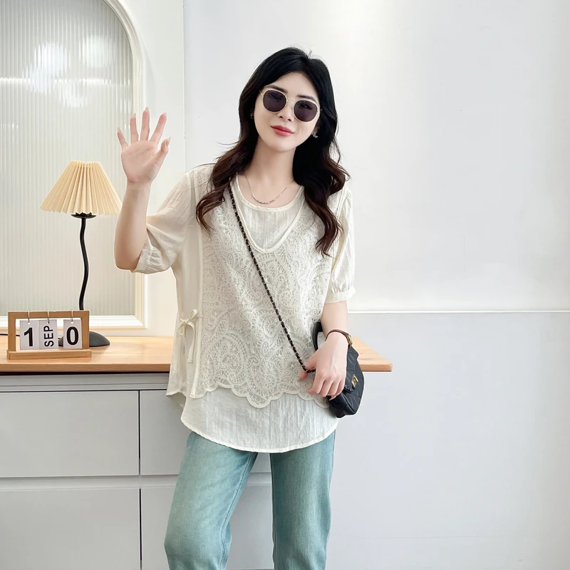 2025年夏季大码女装韩系休闲宽松百搭显瘦蕾丝拼接假两件短袖衬衫