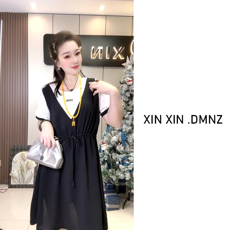 （鑫鑫甄选）夏季连衣裙时尚潮流假两件贴标减龄抽绳显瘦胖MM连衣裙