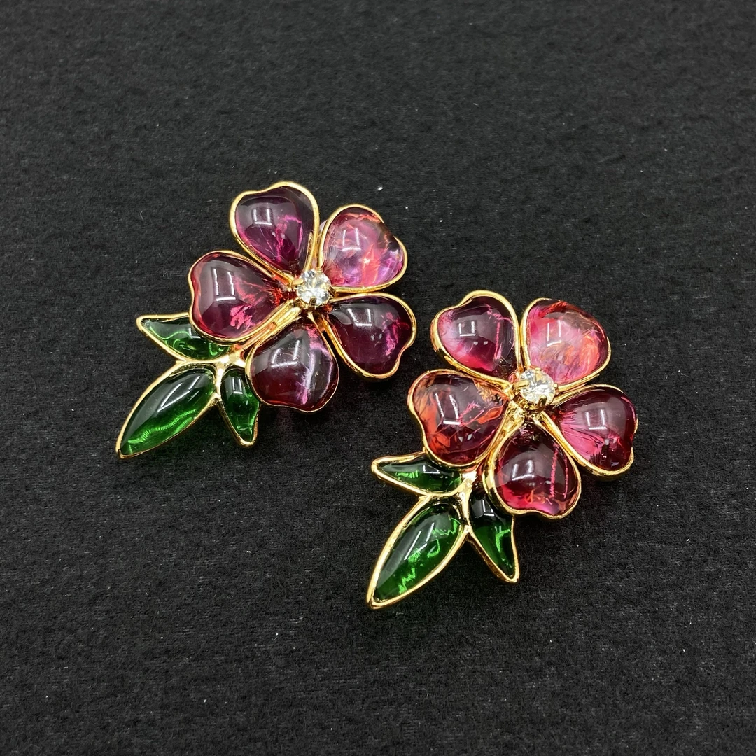 合金玻璃耳饰 【Liz璇子】Gripoix红琉璃花朵耳夹H45677无鉴赏期