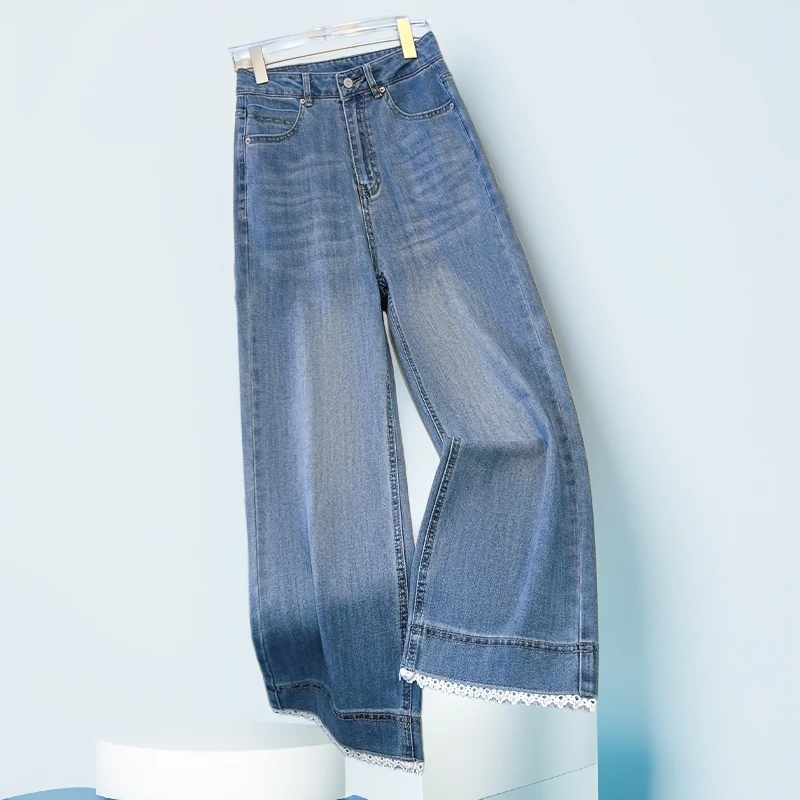 2025蕾丝拼接九分窄版直筒小个子显瘦百搭牛仔阔腿女款潮流裤
