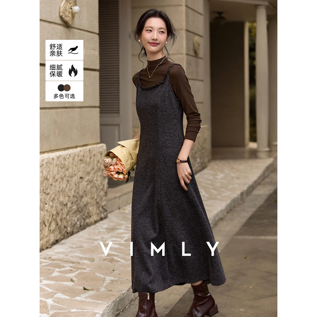 M梵希蔓黑色优雅连衣裙套装女冬高领打底衫吊带长裙两件套30522