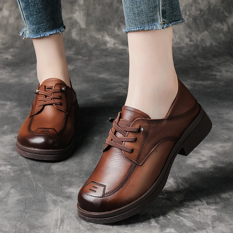 头层牛皮春秋季新款粗跟复古皮鞋圆头单鞋高档真皮欧美风森系女鞋