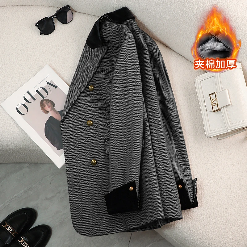 灰色毛呢西装外套女秋冬爆款2026新款小个子冬季夹棉加厚休闲西服