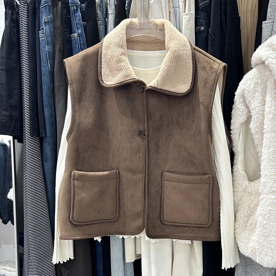 韩系美拉德风翻领羊羔毛马甲女秋冬新款显瘦百搭坎肩外套