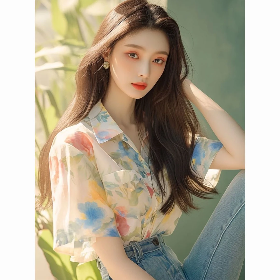 法式小香风气质别致绝美上衣港风chic遮肉显瘦绿色碎花衬衫女夏季