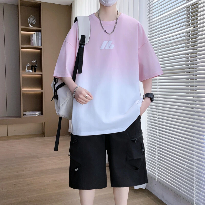短袖短裤套装夏季男青少年渐变半袖T学生宽松时尚休闲运动两件套