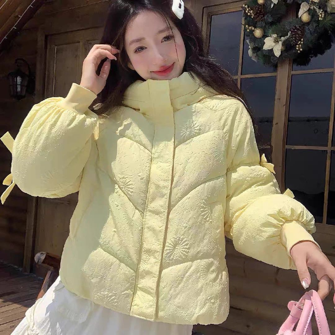 棉衣洋气学生蝴蝶结棉服女短款冬季新款压花连帽减龄时尚加厚外套