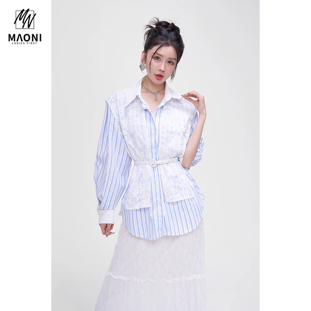 毛妮Peshe【蕾丝披肩】假两件条纹衬衫配腰带收腰百搭上衣春L1362