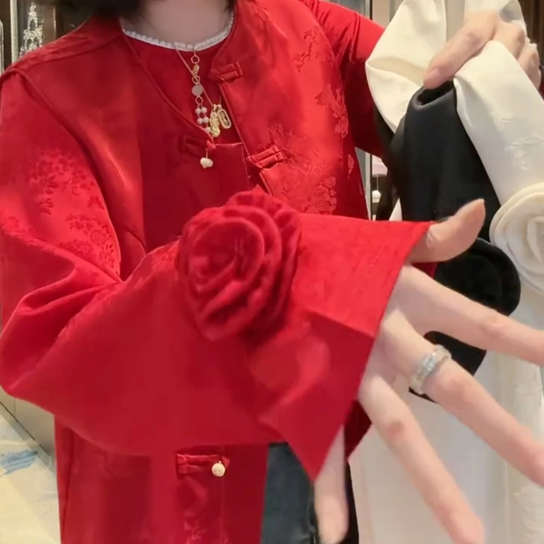 952中式复古长袖衬衫女秋冬国风缎面立体花朵圆领上衣气质小衫