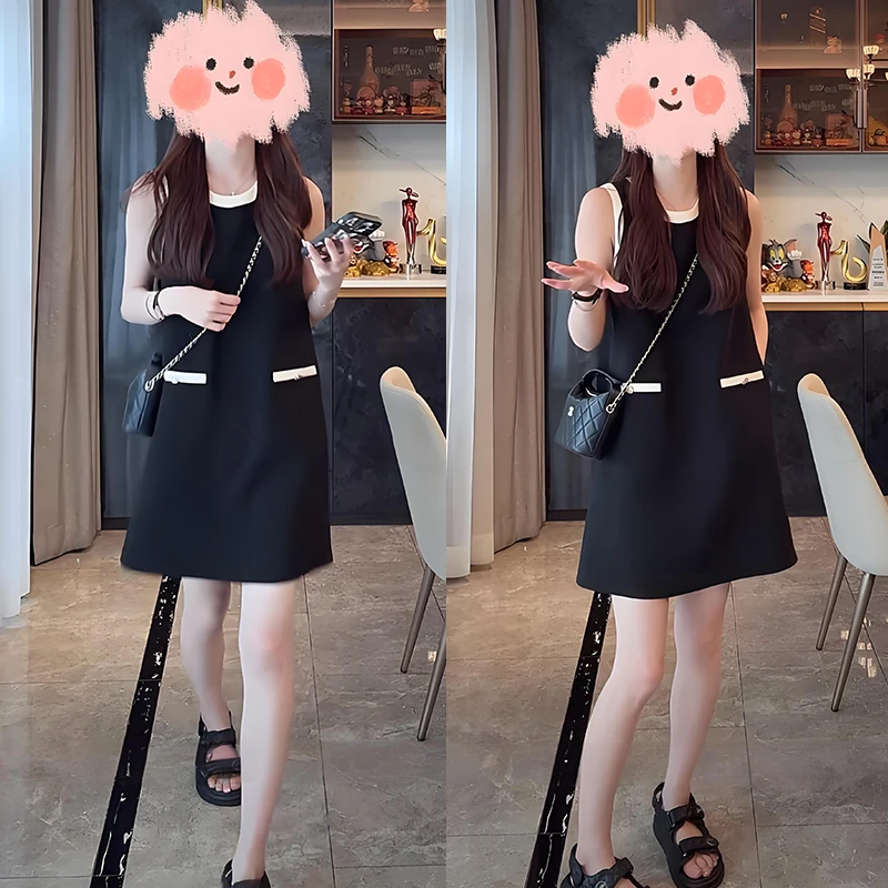 撞色圆领小香风无袖显瘦直筒连衣裙女夏季宽松高级感气质背心裙子