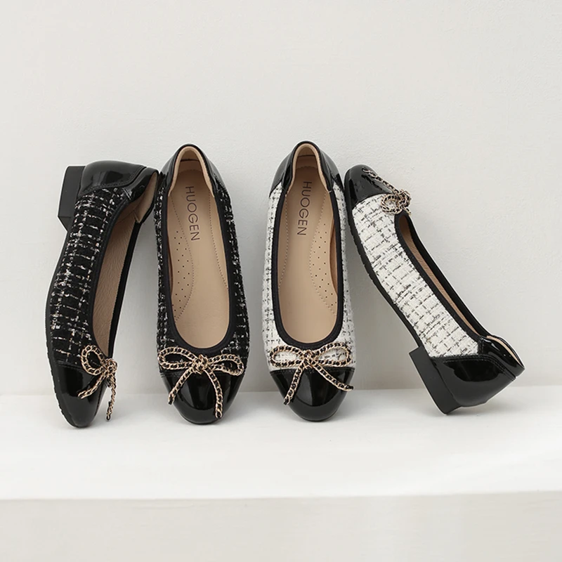 HUOGEN小香风芭蕾舞平底单鞋女新款晚晚鞋浅口舒适软底奶奶鞋瓢鞋