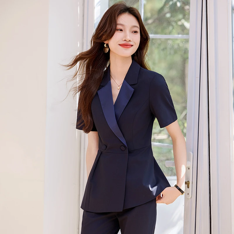 蓝色短袖西装洋气女士夏季薄款2025新款珠宝职业气质西服休闲外套