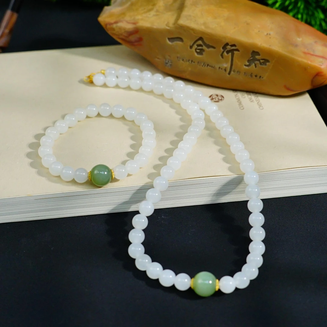 【交个朋友专属】泽云-【雪岫】18k和田玉白玉搭碧玉单珠套装项链