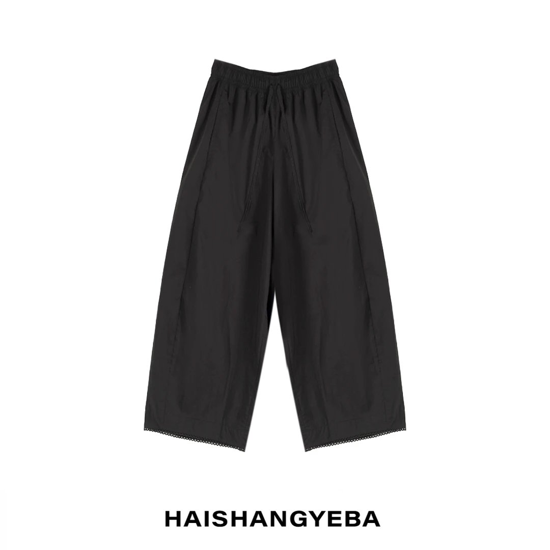 【海上叶爸】新款2025百搭棉松紧腰抽绳黑色宽松休闲9分裤