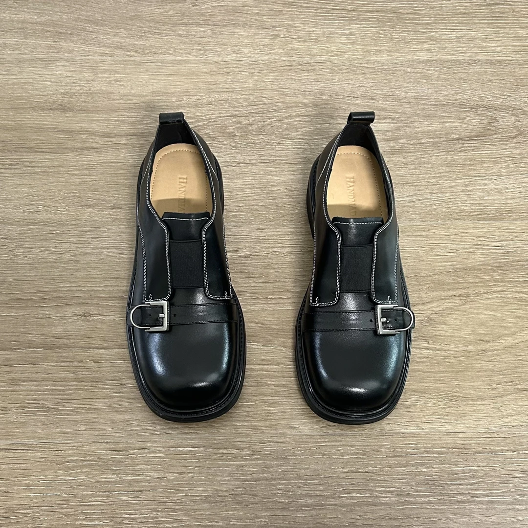 Dannyfrey英伦风复古时尚皮带扣水洗牛皮布洛克一脚蹬女乐福鞋4CM