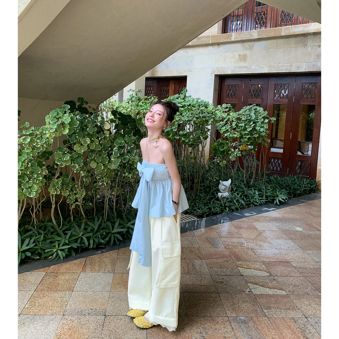 【茉莉奶白】蕾丝边阔腿九分工装裤休闲4331