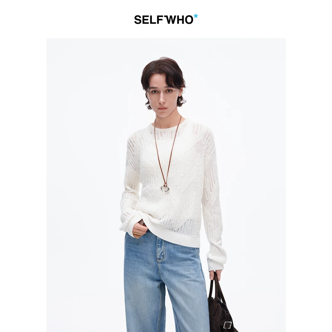 SELFWHO莱赛尔羊毛混纺毛衣女2025春季新款宽松圆领镂空针织上衣