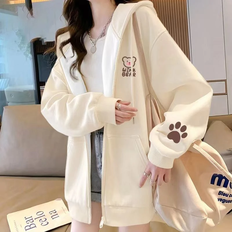 美式卫衣女学生韩版宽松潮ins春秋冬季拉链加绒连帽上衣外套薄款