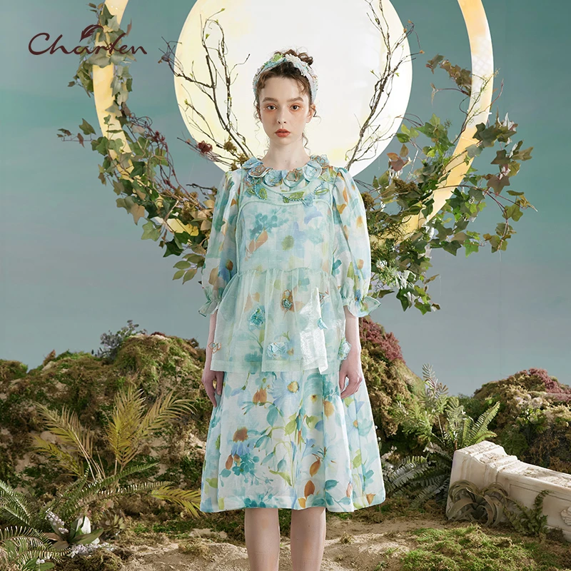 【达人专享】朝峰印花花瓣领半袖连衣裙CFD3A307-3011G-无外件罩衫