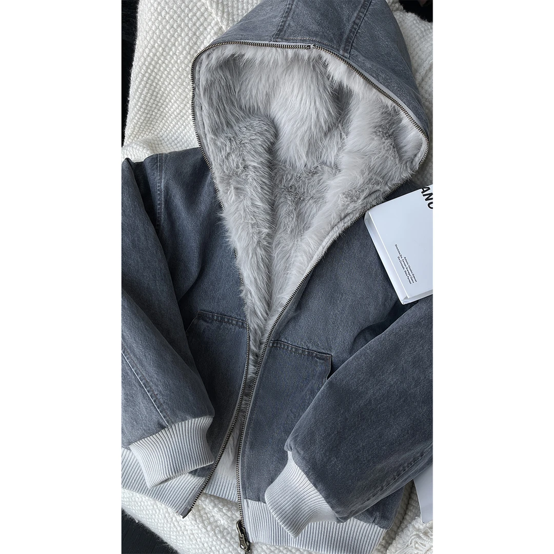 龙叨叨冬季新款潮流复古牛仔拼接座山雕毛绒保暖连帽百搭夹克外套