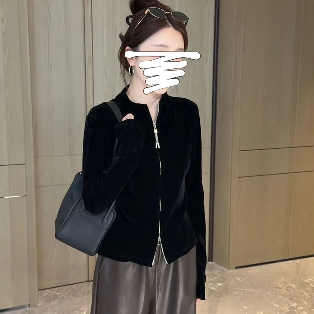 韩版时尚双拉链长袖丝绒外套女秋季薄款洋气显瘦百搭休闲长袖上衣