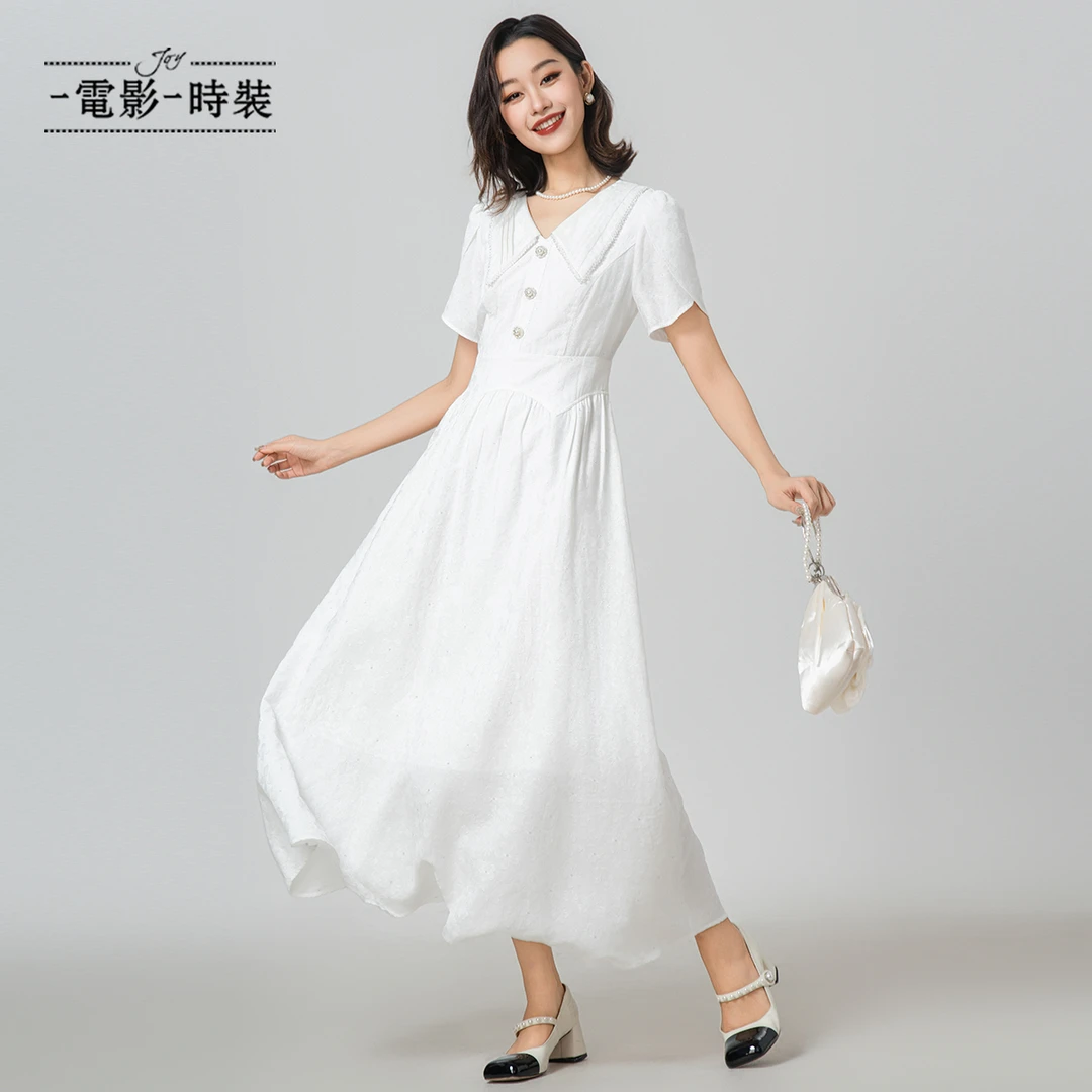 【诗语专属】一电影一时装夏季法式V领高腰连衣裙 FENL124541