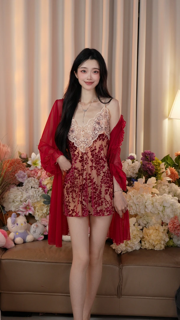 【红颜如画】法式原创显瘦性感红色吊带裙春秋夏睡衣家居服女