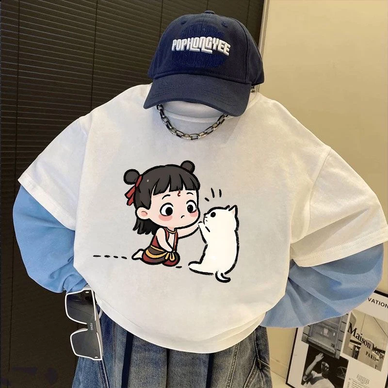 儿童春秋新款长袖T恤休闲国潮哪吒中大童帅气男童韩版假两件上衣t