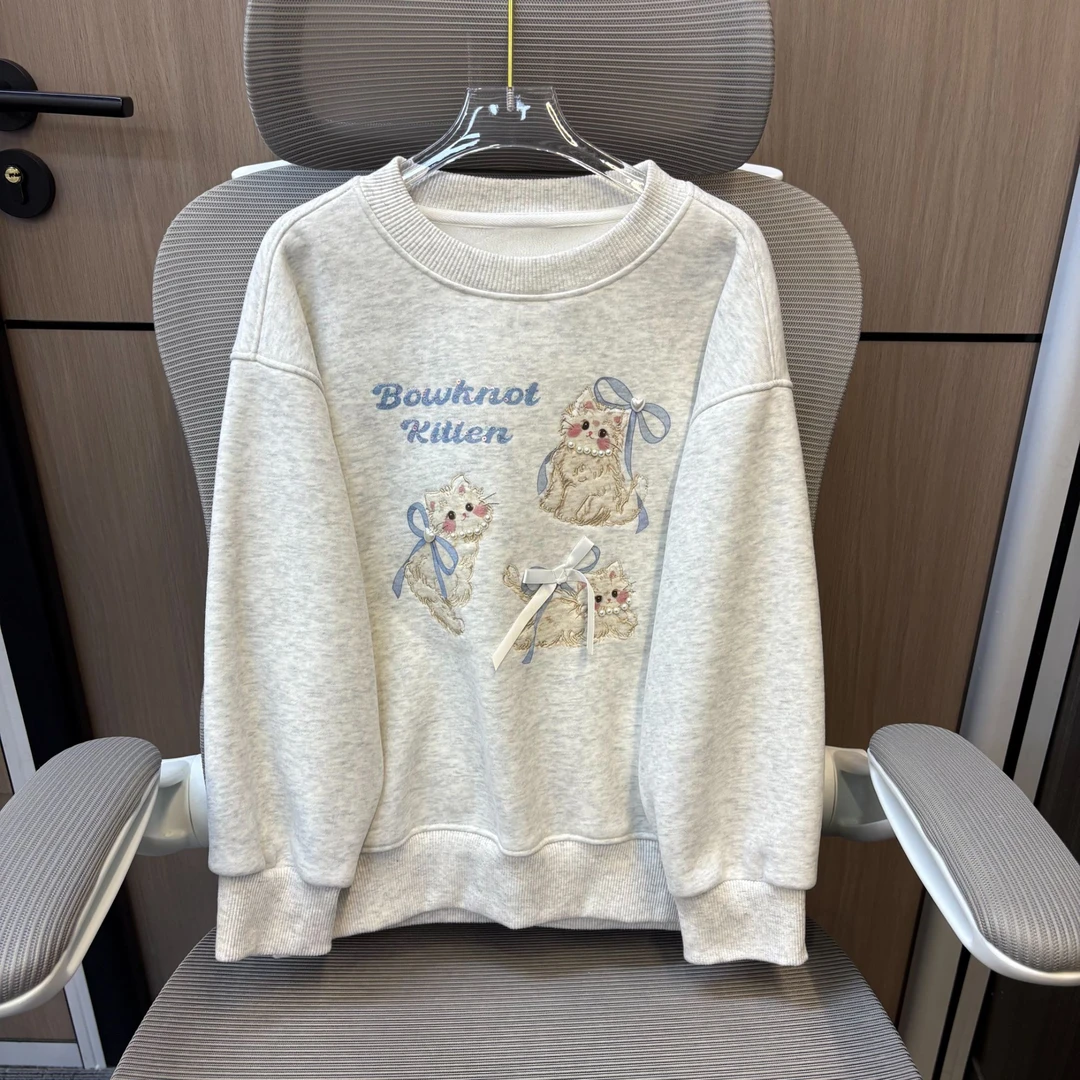 冬款蝴蝶结珍珠猫咪加绒女童圆领卫衣 F258 258 K