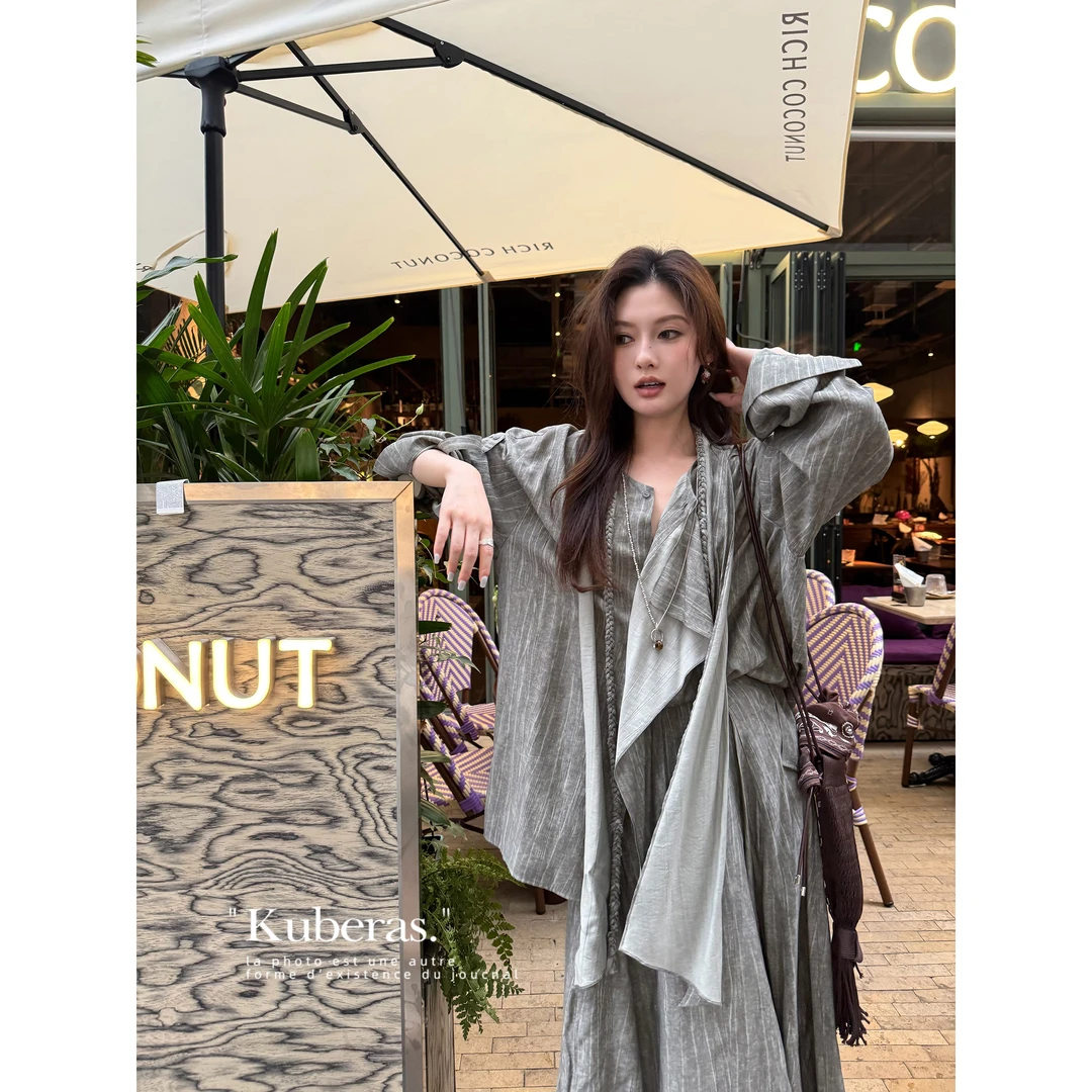KUBERAS 复古高级感沙洗褶皱编织飘带V领衬衫上衣高腰A字长裙套装
