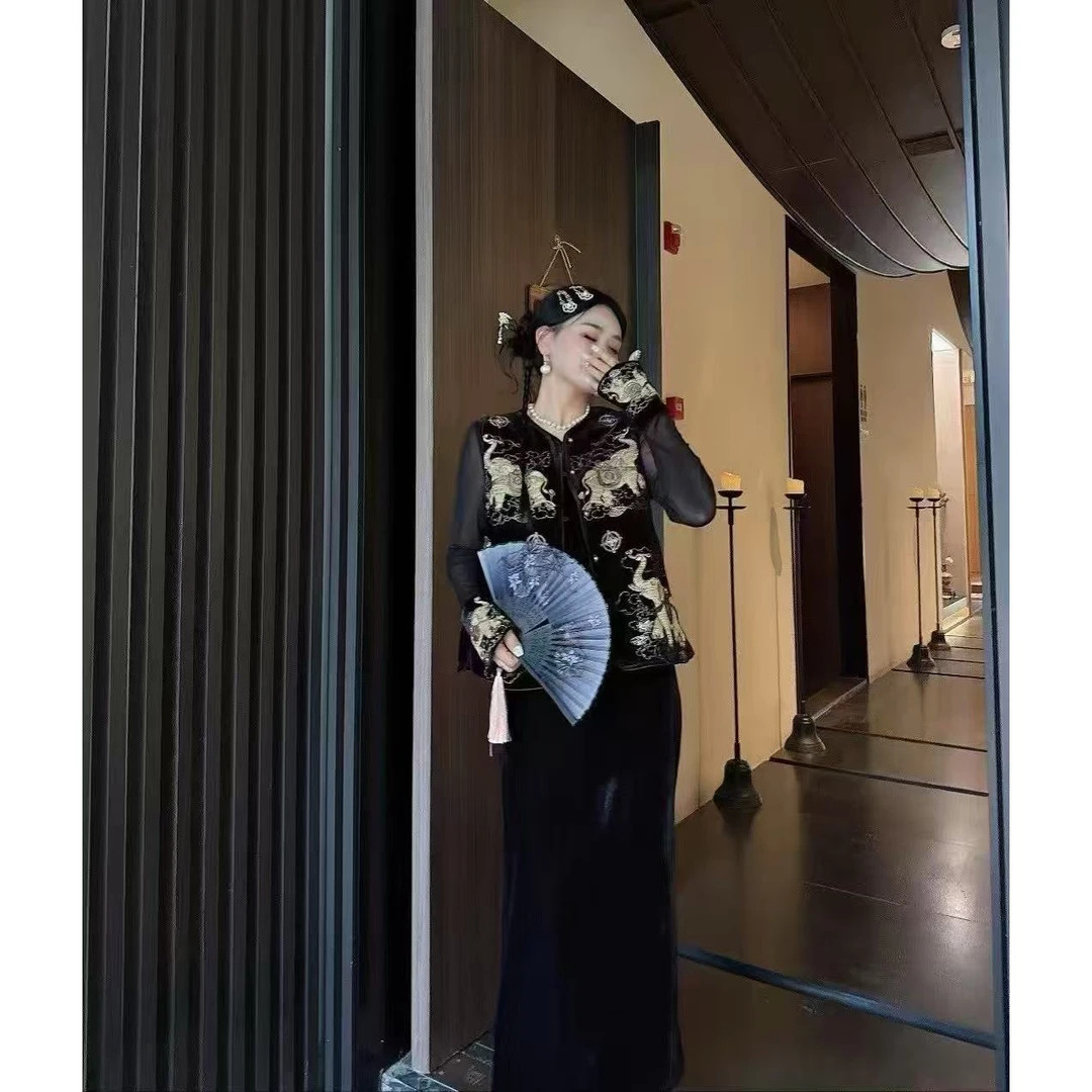【SR美人迟暮套装】高端新中式国风醋酸丝绒国潮气质三件套重工刺绣