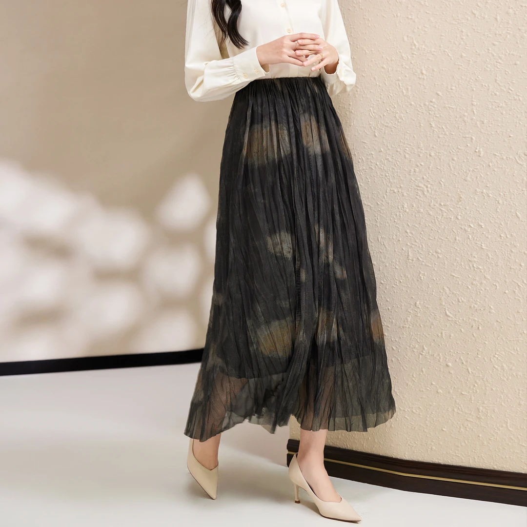 高腰百褶裙A字半身裙气质网纱裙时尚百搭洋气显瘦大摆裙子女