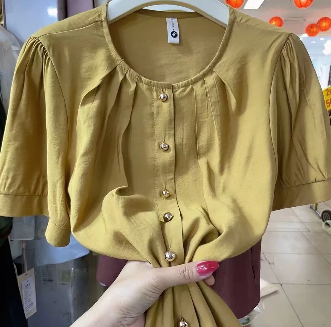 W2515常规褶皱圆领灯笼袖夏季衬衫百搭小衫纯色气质显瘦时尚