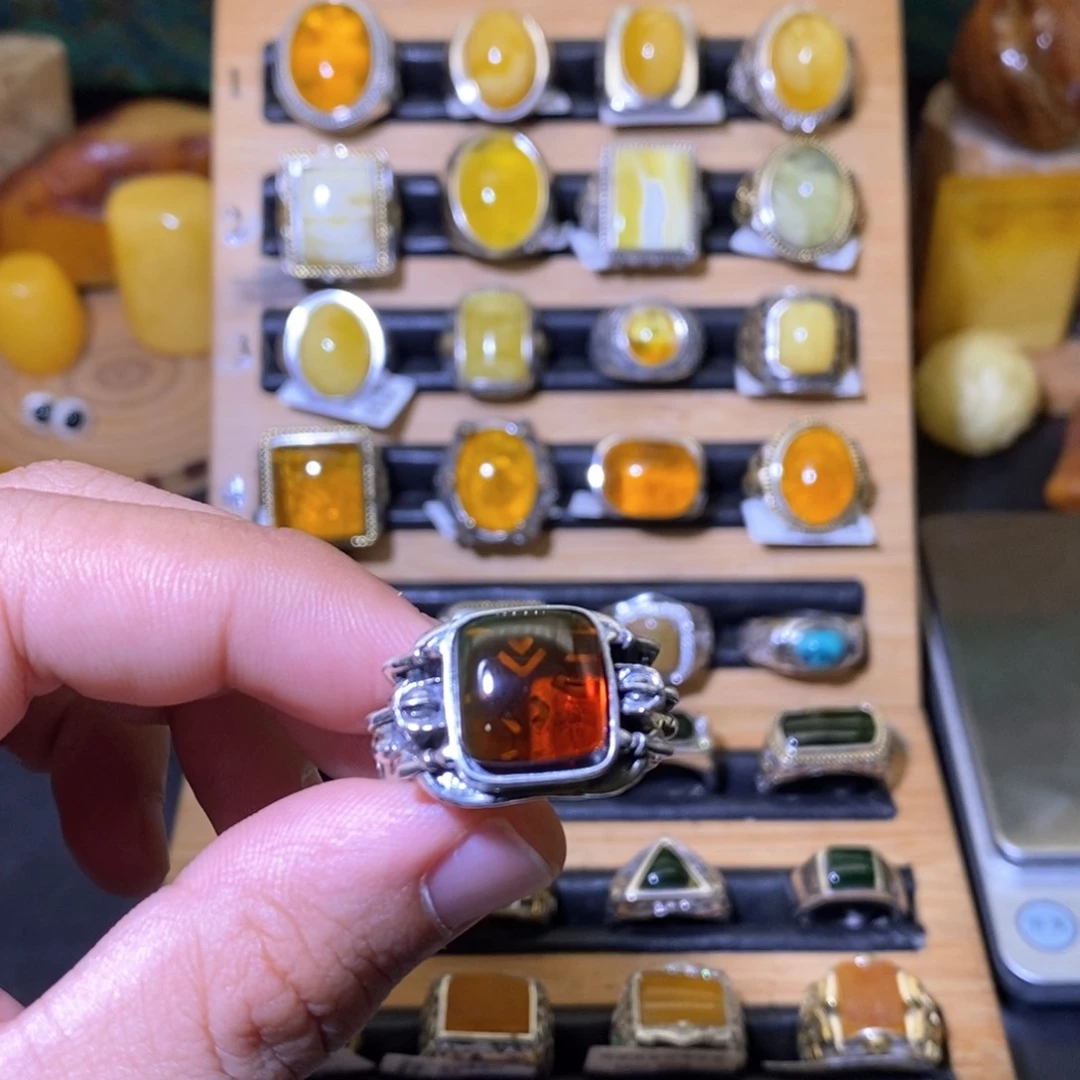 血珀戒指银S925镶嵌天***空