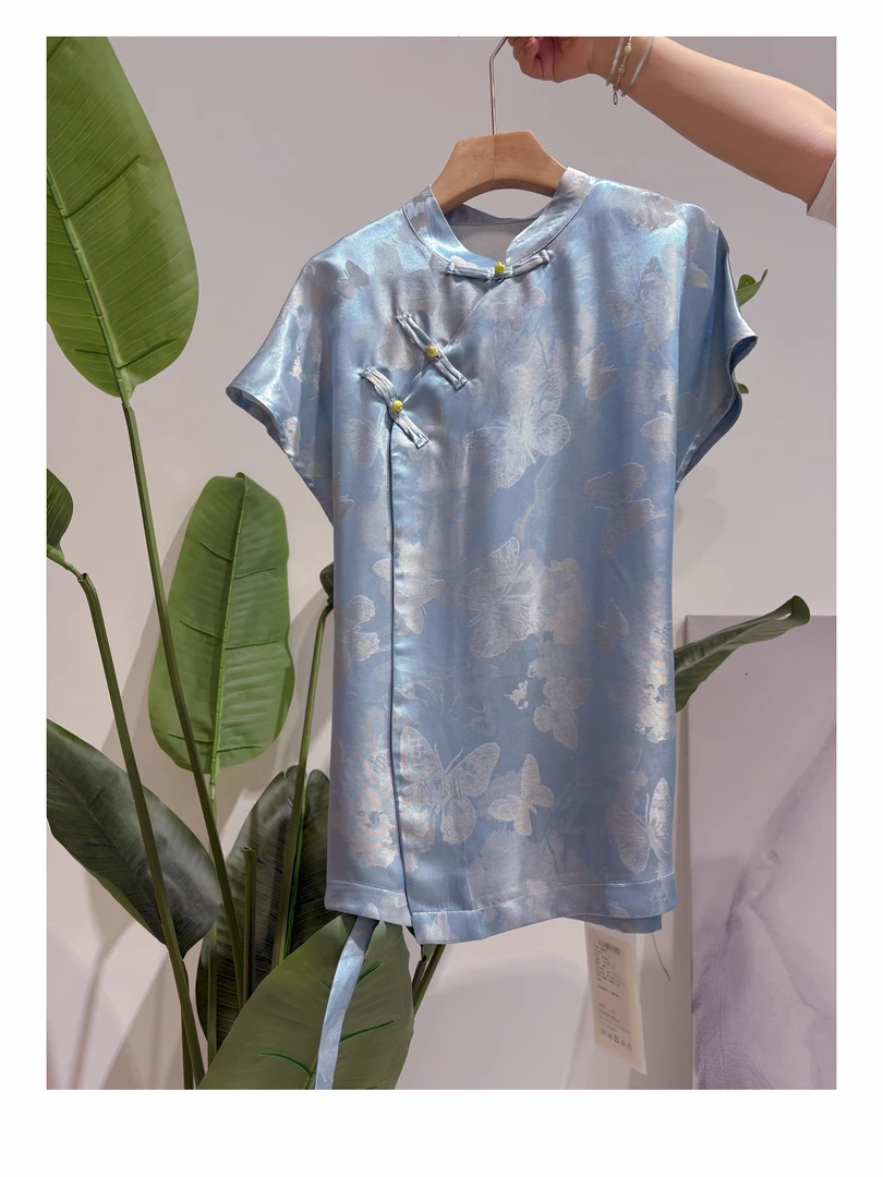DY2450樱美嘉100桑蚕丝新中式立领提花绑带上衣显瘦减龄短袖蓝