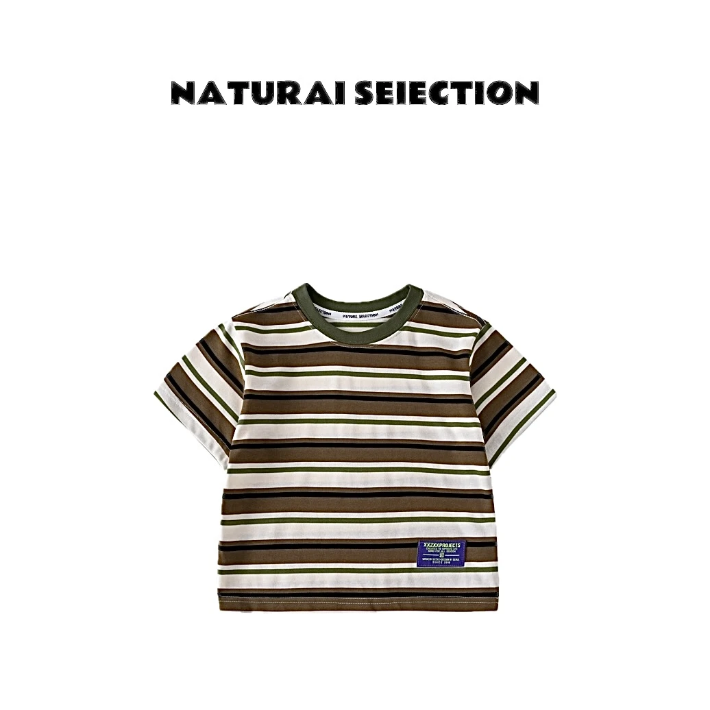 新款夏季儿童品牌透气吸汗纯棉双纱条纹短袖N98270