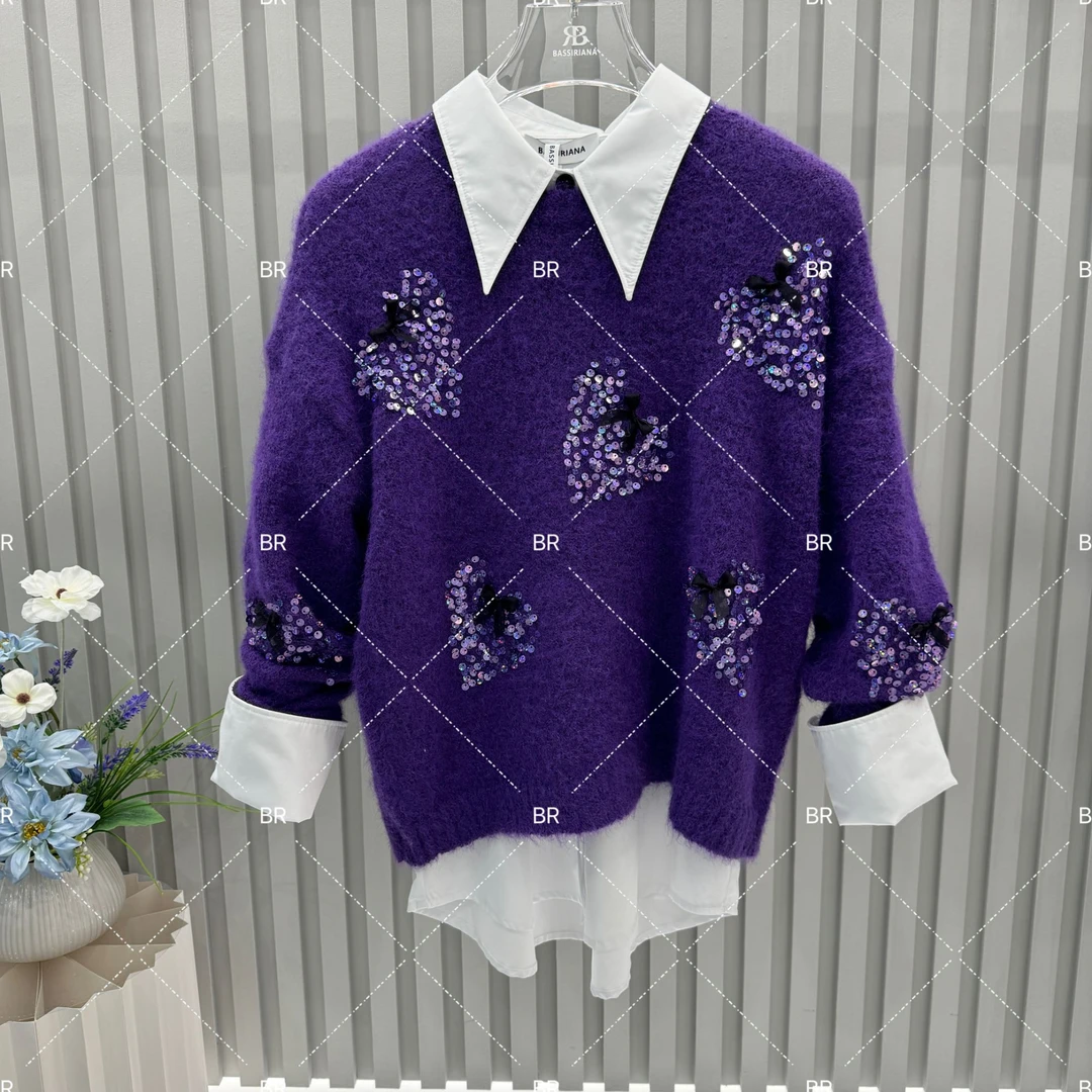 【小牛】2025秋季新款紫色亮钻针织衫立体装饰灵动温柔百搭5528