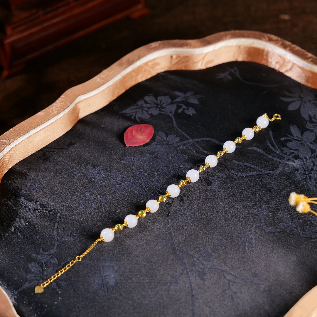 【小雨来了】18k金镶和田玉8mm白玉手链 手串 金手链 多样性发一件