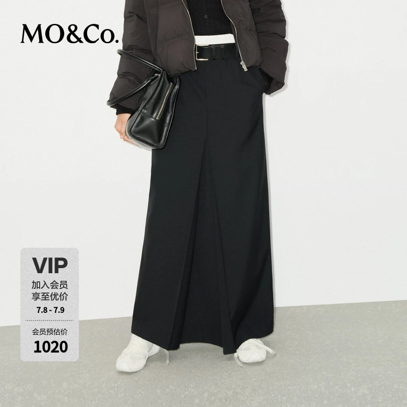 MOCO半身裙冬含绵羊毛精纺高腰工字褶直筒长款MBD4SKT012